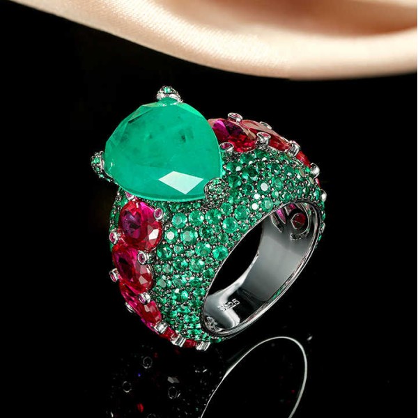 Pave CZ Emerald Stone Luxury Sterling Silver Ring